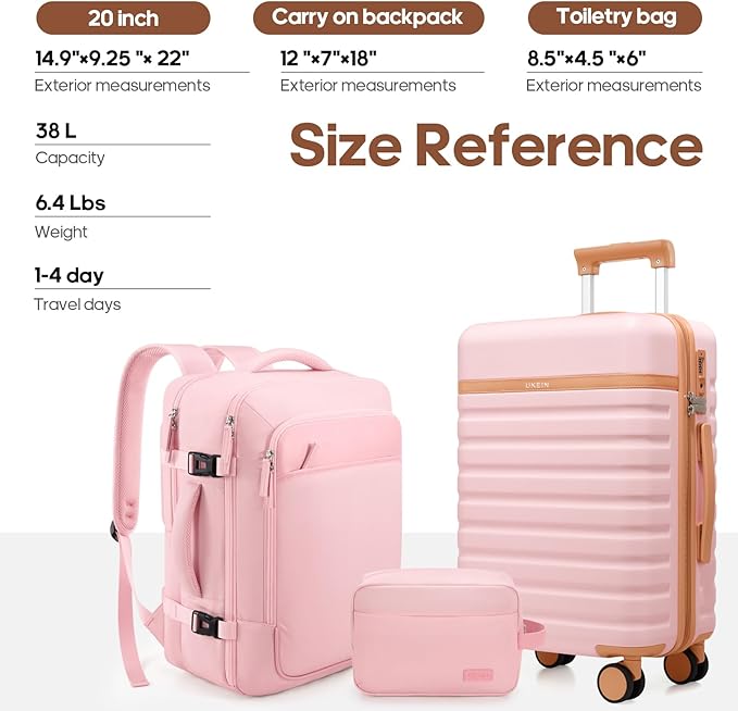 UKEIN Luggage Sets 3 Piece, Carry On Luggage 20In With Spinner Wheels,PC Hardside Suitcase Set with TSA Lock,Durable Carry On Suitcase With Travel Backpack for Men (Pink, 3 piece set (20inch))