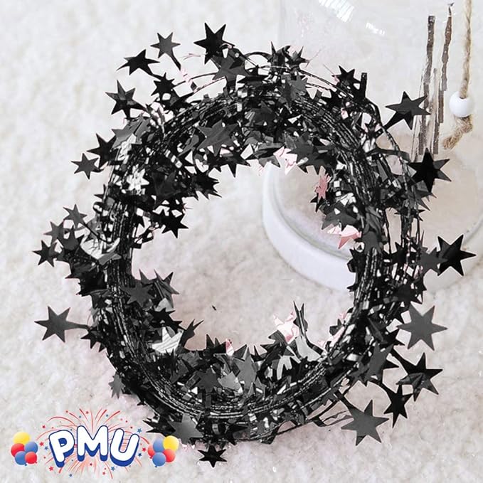 PMU 300 Ft Star Wire Shiny Garland Black Star - Halloween, Christmas Party, Wedding, Birthday, Festive Home Decoration Ornament Black Star (12pc-25Ft Each)