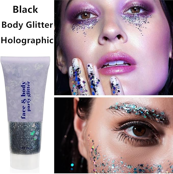 Go Ho Black Face Body Glitter,Halloween Face Paint Glitter Makeup,Holographic Chunky Sequins Glitters for Festival Cosplay SFX Costume,Festival Rave Accessories,Eye Black Glitter Gel