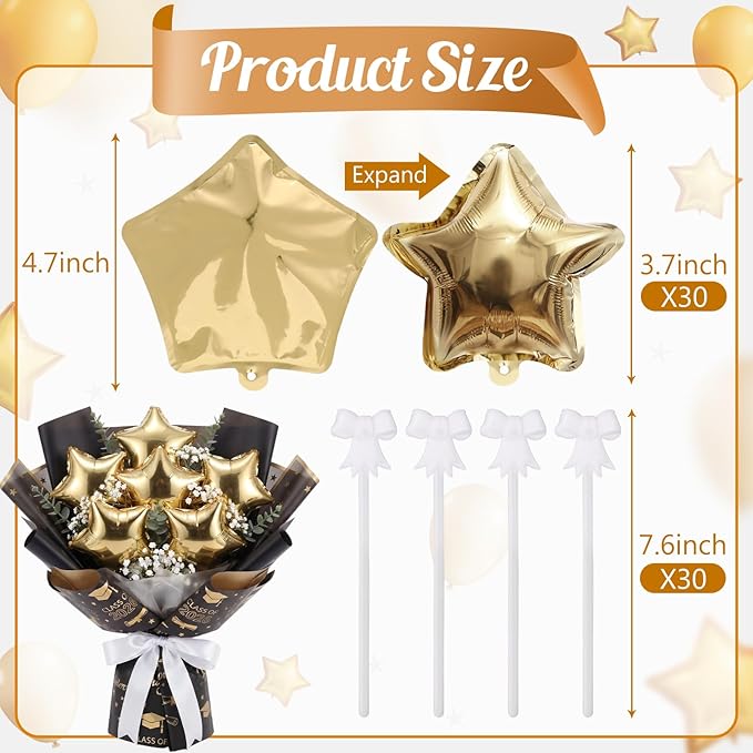30 Pcs Star Self Inflatable Balloons with Bow Stems Star Foil Balloons Mini Pentagram Decoration for Patriotic Independence Day Graduation Birthday Baby Shower Anniversary(Gold,4 Inches)
