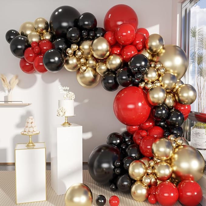 Black Gold Red Balloons Garland Arch Kit, 141Pcs Latex Balloons Different Sizes 18 12 10 5 Inch for Party Decorations, Wedding Backdrop, Birthday, Baby Shower, Graduation