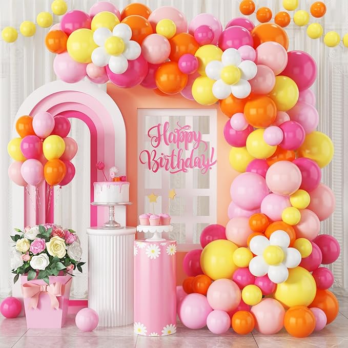 Boho Daisy Balloons Arch Kit, 142Pcs Hot Pink and Orange Balloons Garland Kit 12 10 5 Inch Pink Orange Yellow Latex Balloons for Boho Girls Women Birthday Baby Shower Wedding Party Decoration