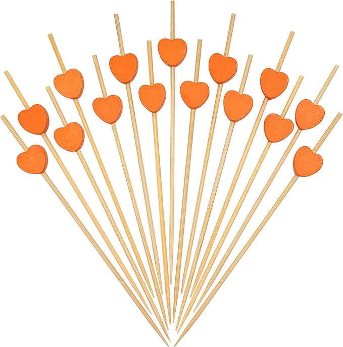 Minisland Orange Love Heart Cocktail Picks, 4.7 Inch Long Bamboo Fancy Toothpicks for Appetizers, Fall Thanksgiving Valentines Wedding Party Food Drinks Garnish Fruit Skewer Sticks 100 Counts -MSL440