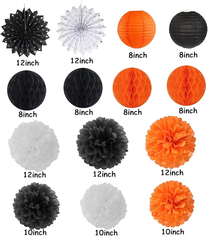 Black Orange White Halloween Party-Decorations - 14pc Kit Paper Lanterns Fan,Tissue Flower Pom Poms Streamers,Honeycomb Balls,Graduation 2024 Birthday Wedding Baby Bridal Shower Decor Lasting Surprise