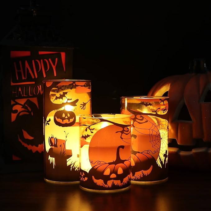 Eldnacele Halloween Flameless Candles with Remote Pumpkin, Spider Web Decal and Castle Decals Battery Operated Real Wax Flickering Glass Pillar Candle for Spooky Halloween Decor 3 Pack