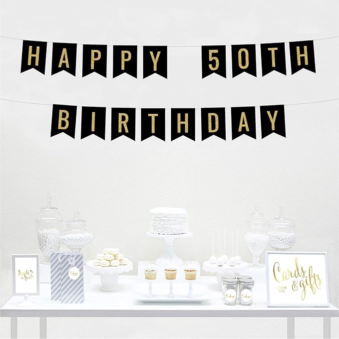 Andaz Press Faux Gold Glitter on Black Birthday Party Banner Decorations, Happy 50th Birthday, Approx 5-Feet, 1-Set, Milestone Colored Hanging Pennant Decor