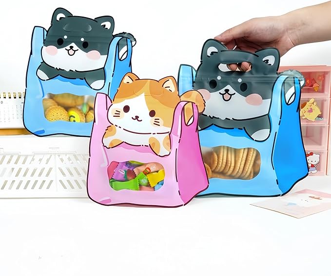 FERENLI 20 Pack Cartoon Gift Bags with Handle Clear Window Self Sealing Snacks Plastic Goodie Bags for Birthday Baby Shower Party Favor (7.8x8.2 inch, Mixed)