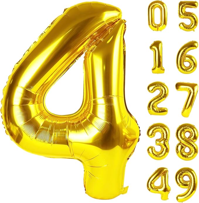 40 Inch Gold Large Number 4 Birthday Balloon, Giant Number Four 14 24 34 40 44 2024 Balloons, Foil Mylar Big Balloons for Anniversary Graduation Supplies Decorations