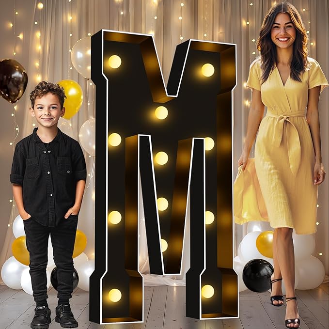 Pooqla 4 FT Marquee Light Up Letters, Black Marquee Letter Lights 4 Feet Tall, Giant Letter Sign Big Mosaic Letters for Balloons Birthday Party Anniversary Wedding Decorations, Warm White Letter M