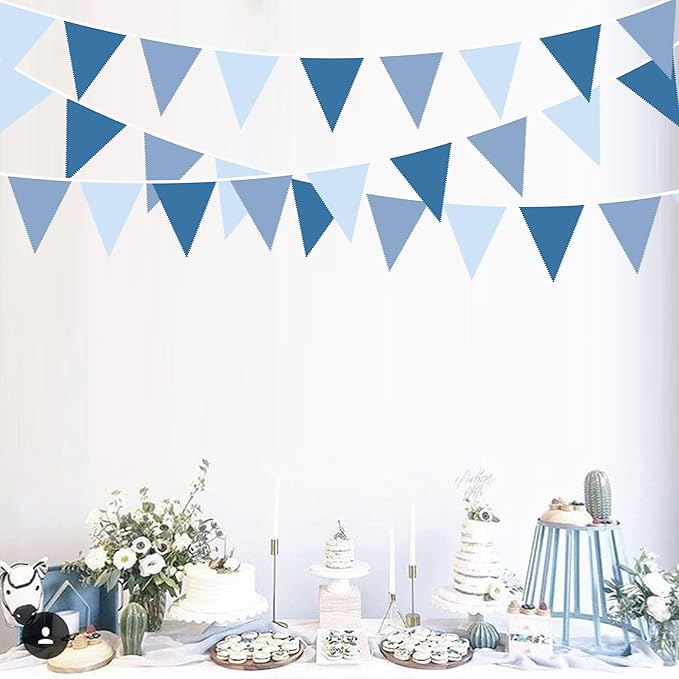 32Ft Retro Blue Party Decorations Dusty Blue Triangle Banner Flag Pennant Fabric Garland Streamers for Nautical Birthday Ahoy Achor Baby Shower Under The Sea Summer Graduation Nautical Party Decor