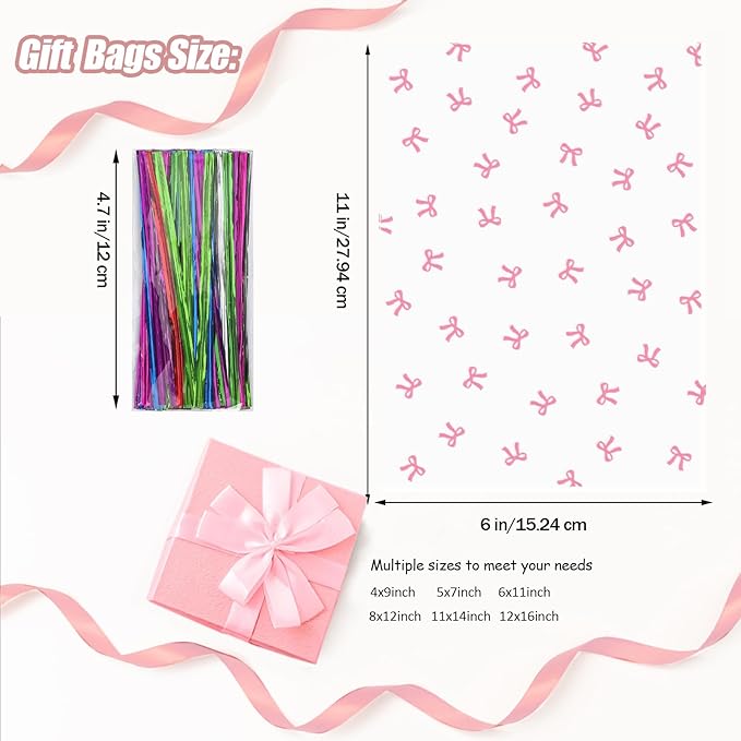 SOMIOCO Clear Gift Bags 6X11In 100PCS Pink Bow Cellophane Goodie Treat Bags for Candy Cookies ,Coquette Party Favors Bow Party Decorations with Twist Tie for Mother's Day,Birthday ,Baby shower,Wedding ,Bridal Engagement