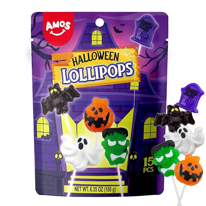 Amos Halloween Candy Lollipops, 15ct Individually Wrapped Monster Variety Suckers – Fun Trick-or-Treat Goodie Bag & Party Favor Candy