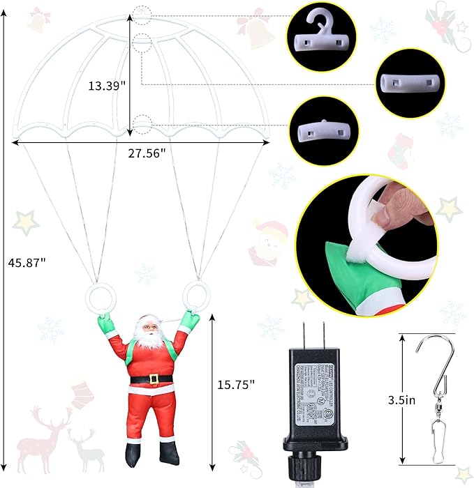 Toodour Christmas Decorations Lights Outdoor, 2.8FT Christmas Parachute Lights with Santa Claus, Waterproof 8 Modes Hanging Warm White Xmas Light - Holiday Decorative Light for Indoor Eave Roof