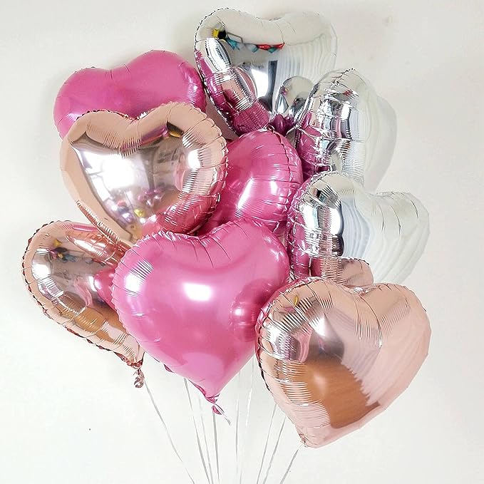 Pink Heart Shaped balloons Pack of 10, 18 Inch Love Valentine Balloons Silver Heart Romantic Balloons For Valentines Day Propose Marriage Wedding Bridal Shower Engagement Party Decorations