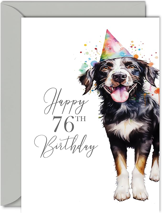 76th Birthday Cards for Men Women - Party Dog - Happy Birthday Card for 76 Year Old Man Woman Grandpa Grandma Dad Mom Uncle Auntie Cousin, A5 Bday Greeting Cards