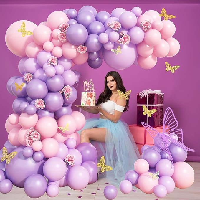 Purple Pink Balloons Garland Arch Kit, 109Pcs Butterfly Pink Balloons Garland Kit 18/10/5 Inch Light Pink Latex Balloons with 3D Butterfly Sticker for Girl Women Birthday Baby Shower