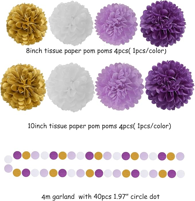 Purple Gold Graduation Decorations - 30pcs Kits Lavender White Paper Flowers,Banner Flags,Tassel Streamer Garland Engagement Girl Baby Bridal Shower Party Decoration Lasting Surprise