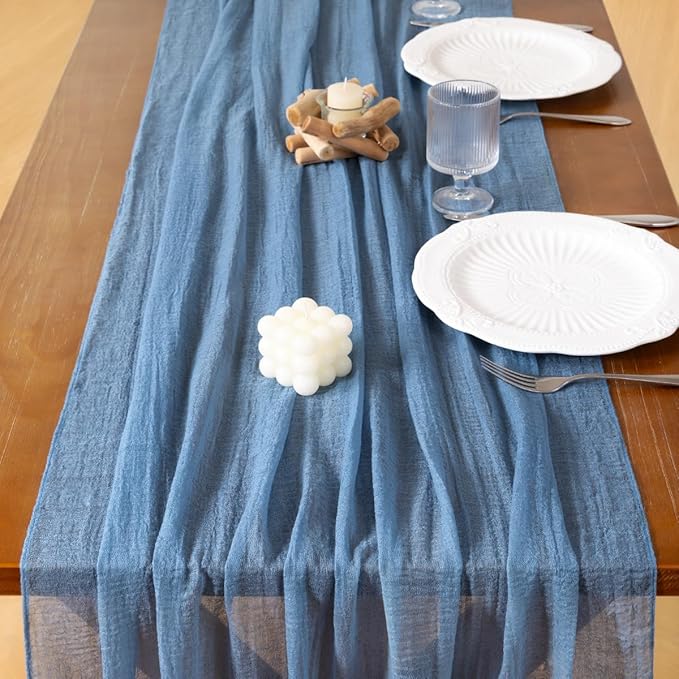 Socomi 3pcs Dusty Blue Easter Spring Gauze Cheesecloth Table Runner 120 Inch Rustic Boho Cheese Cloth Runner for Wedding Party Baby Bridal Shower Centerpiece Decoration Holiday Home Decorations