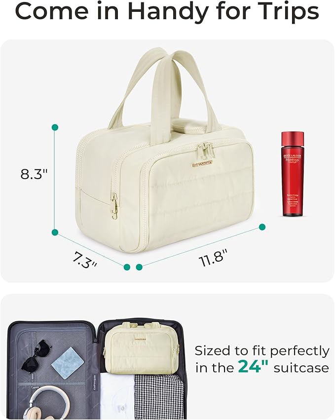 BAGSMART Travel Toiletry Bag, Crush Toiletry Bag for Women, Wide-open Puffy Toiletry Bags for Traveling, Large Travel Cosmetic Makeup Bag Organizer for Accessories,Toiletrie, Beige