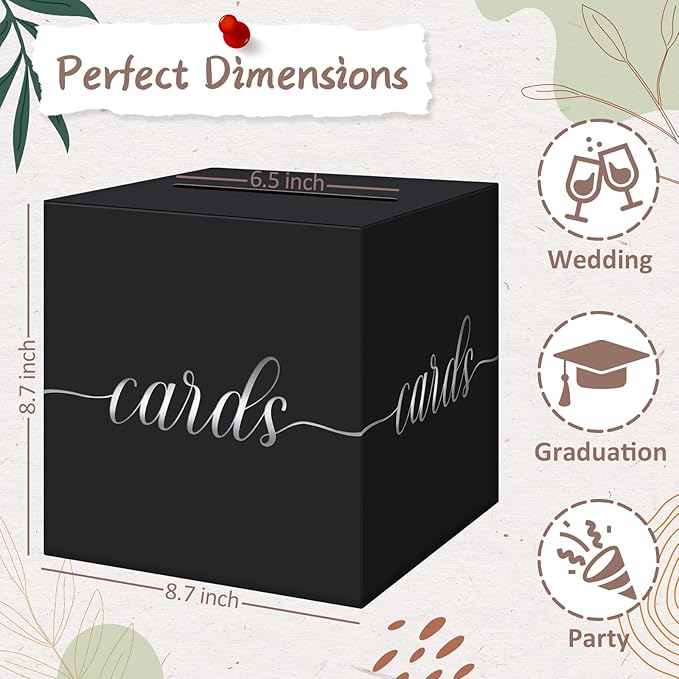 QIKSION Black Wedding Card Box, Silver Foil Gift Card Box for Party, Wedding Reception, Graduation, Birthday, Baby Shower, Raffle