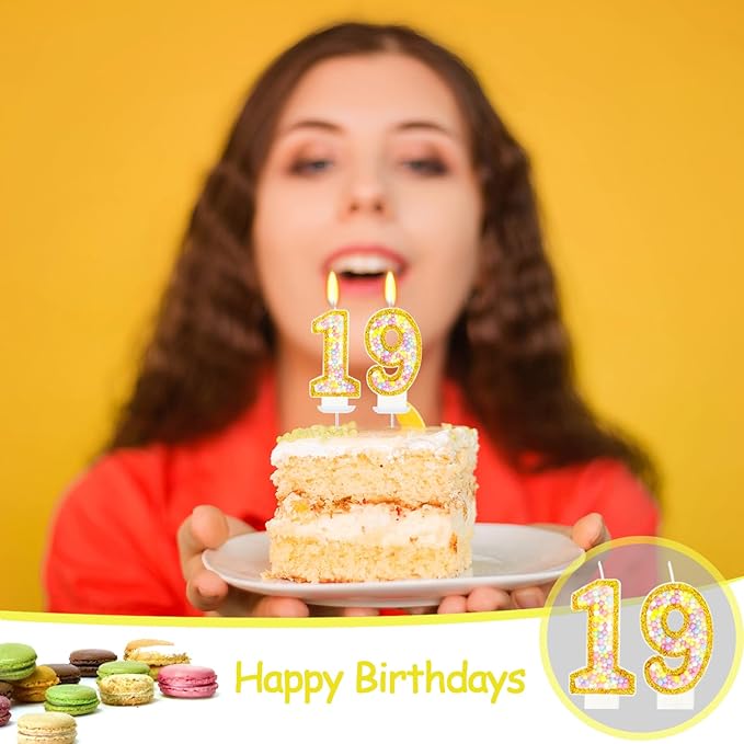 19th Birthday Candle for Cake, Colorful Macaron Numeral Candles for Boys/Girls, Birthday Party Cake Decorations, Golden Cake Topper for Birthday Party Supplies (Number 19)