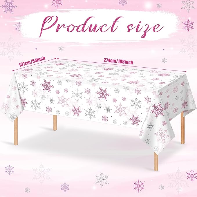 3 Pcs Christmas Snowflake Party Tablecloths Decorations,Plastic Pink Winter Onederland Rectangle Table Cover for Christmas New Year Girls 1st Birthday Baby Shower Holiday Party Decorations,54x108 inch