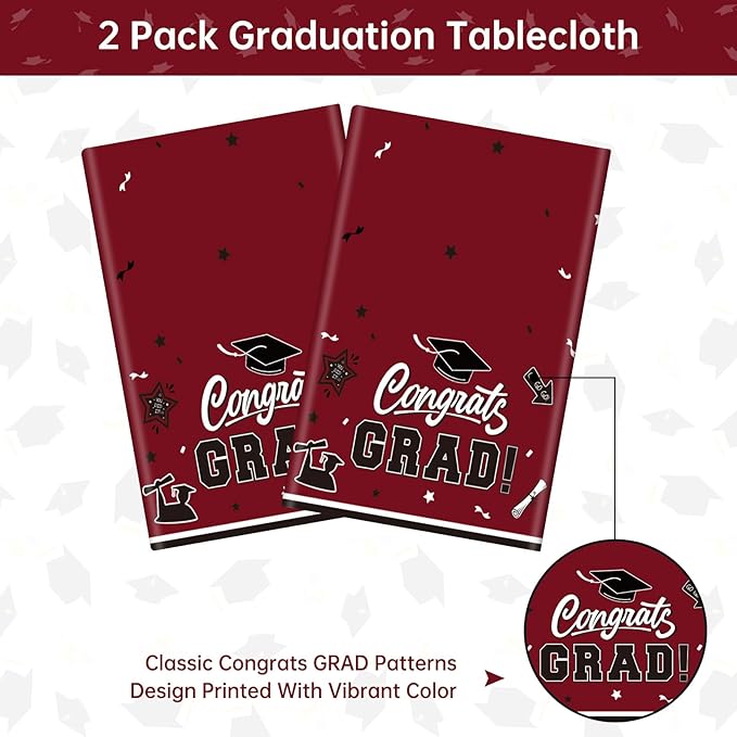 2 Pack Graduation Tablecloth - Congrats Grad Table Cloths, Plastic Disposable Rectangle Maroon Class of 2026 Table Cover for Graduation Tables Decorations Party Decor Supplies Favors,108 x 54 Inch