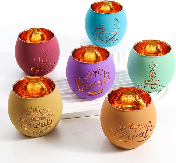 SHMILMH Diwali Gifts 6 PCS Happy Diwali Decorations for Home, Colorful Glass Tealight Votive Candle Holder for Party, Table Centerpiece Deco