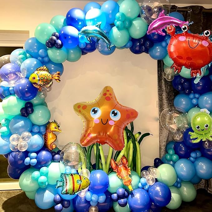 2 Packs Ocean Themed Party Decorations 330pcs Blue Balloon Arch Garland Kit Bubble Balloons Marine Animals Fish Balloons for Nemo Dory Luca Birthday Under The Sea Decorations Shark Party