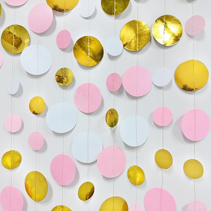 Gold and Pink Party Decorations Circle Dots Garland Metallic Gold Light Pink and White Hanging Polka Dot Streamer for Women Girl Birthday Baby Shower Bridal Shower Wedding Princess Party Supplies