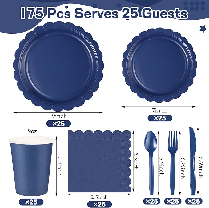 175 Pcs Navy Blue Plates and Napkins, 25 Guest Navy Blue Party Supplies Inlcudes Scalloped Plates Napkins Cups Plastic Cutlery for Birthday, Wedding, Picnic