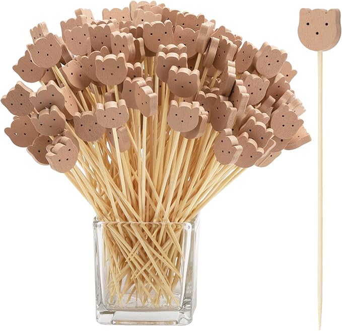 200 Pcs Bamboo Cocktail Picks 4.7 Inch Bear Face Cocktail Sticks Food Picks Garnish Sticks Decorative Toothpicks for Appetizers, Fruits, Dessert, Baby Shower, Birthday Wedding, Party Supplies