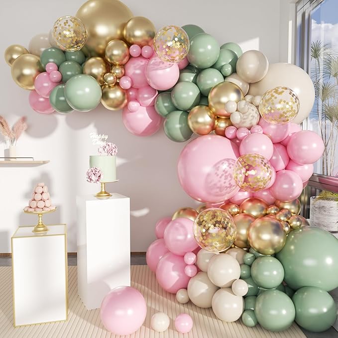 Sage Green Pink Gold Balloon Arch Kit, 141Pcs Sage Green Pastel Pink Chrome Gold Sand White Latex Balloons for Birthday Wedding Baby Shower Gender Reveal Anniversary