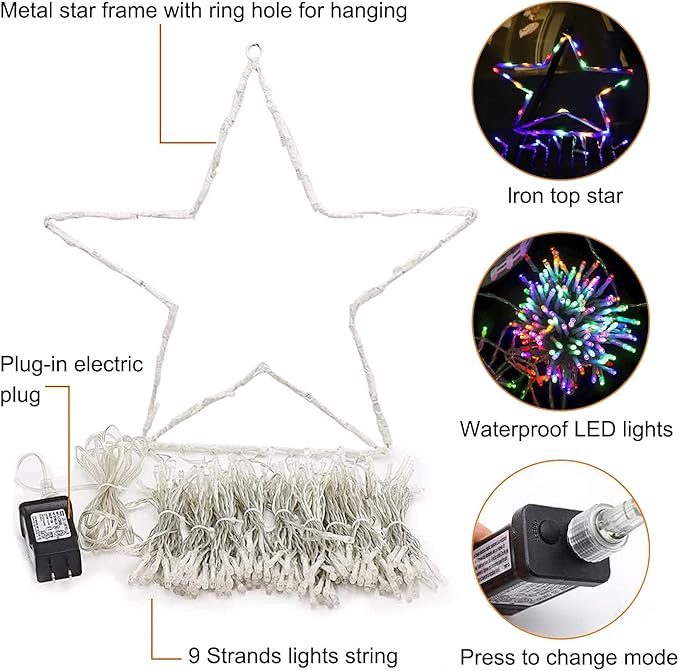 Christmas Decoration Lights, Outdoor Christmas String Lights 320 LED 11.5 Ft Waterfall Tree Light with Big Star Topper 8 Light Modes for Xmas New Year Holiday Garden Yard Indoor Outdoor Decor