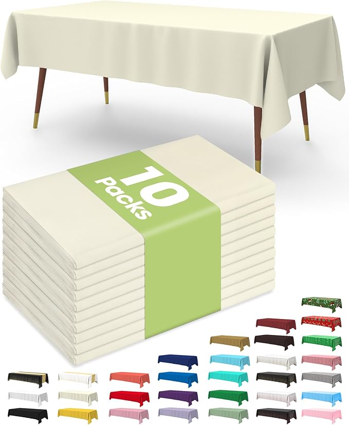 Pureegg Plastic Table Cloth Disposable 10 Pack, 54 x 108 Inch Table Cloths, Party, Wedding, Thanksgiving Decorations, Fall Tablecloths, Rectangle, Beige Plastic Cover, Leakproof & Sturdy, Cream, Ivory