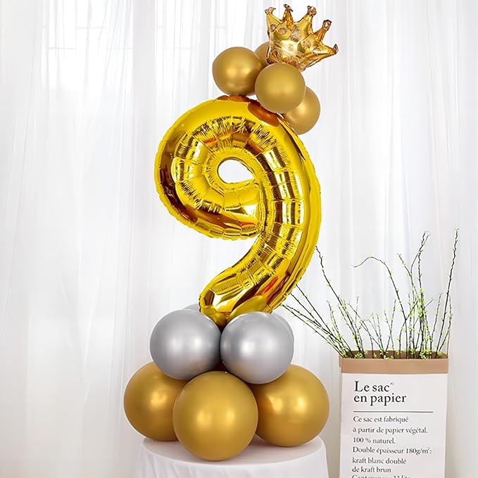 16 In Gold Large Numbers Balloons 0-9, Self Inflating Number 9 Balloons for Boys Girls, Big Gold Digit 9 Balloons for Women Men Birthday Party Anniversary Wedding Supplies Decorations