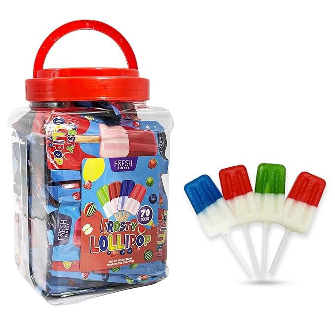 Fresh Finest Popsicle Shaped Ice Cream Lollipops - Individually Wrapped Suckers, Multicolor Lollipops Best for Summer, Goodie Bags, Party Favors - 70 Pack Bulk