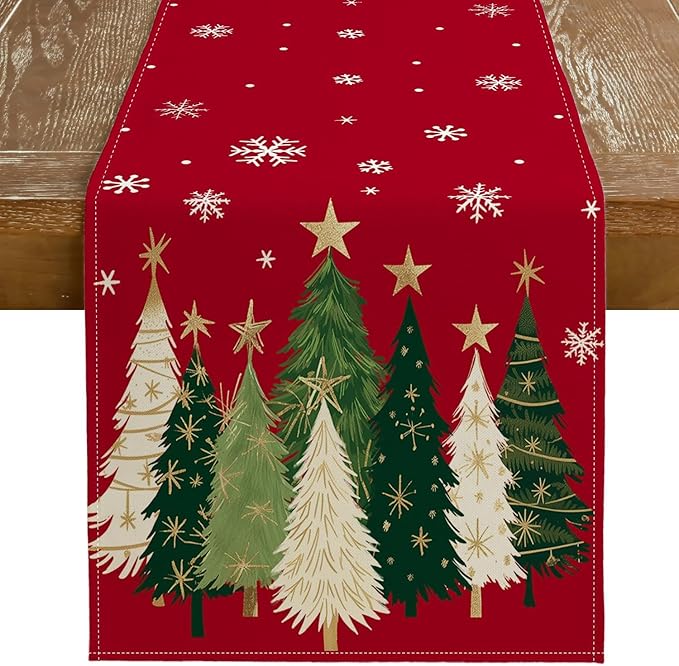 GEEORY Christmas Table Runner 13x72 Inch, Xmas Trees Snowflakes Winter Holiday Decorative Farmhouse Table Decorations for Kitchen Dinning, Indoor Outdoor Dinner Party Decor (Red) GT150-72