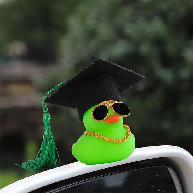 wonuu Car Dashboard Decor Graduation Hat Color Rubber Duck, Car Ducks Ornaments with Mini Graduation Hat Necklace Sunglasses (Green)