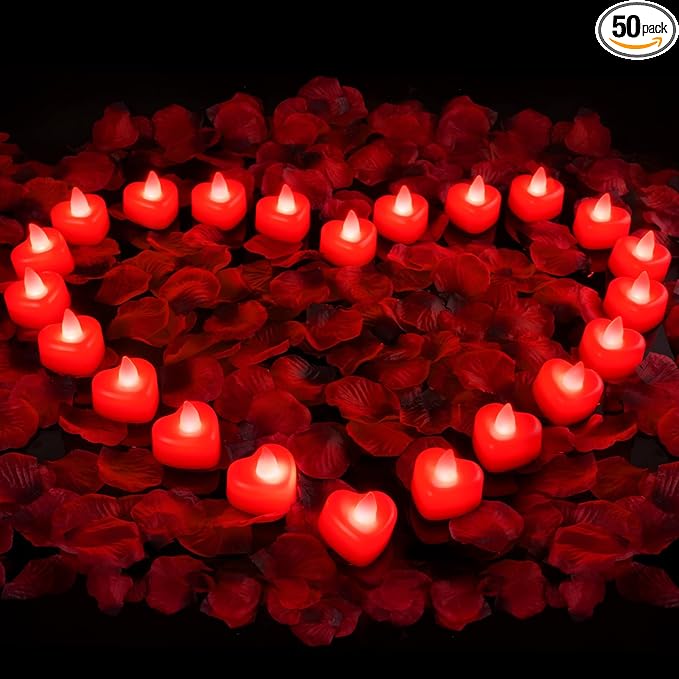 Amagic 4000 Pieces Red Artificial Rose Petals with 50 Red Heart LED Tea Lights, Rose Petals and Candles Set for Proposal, Anniversary, Romantic Night, Wedding Decor