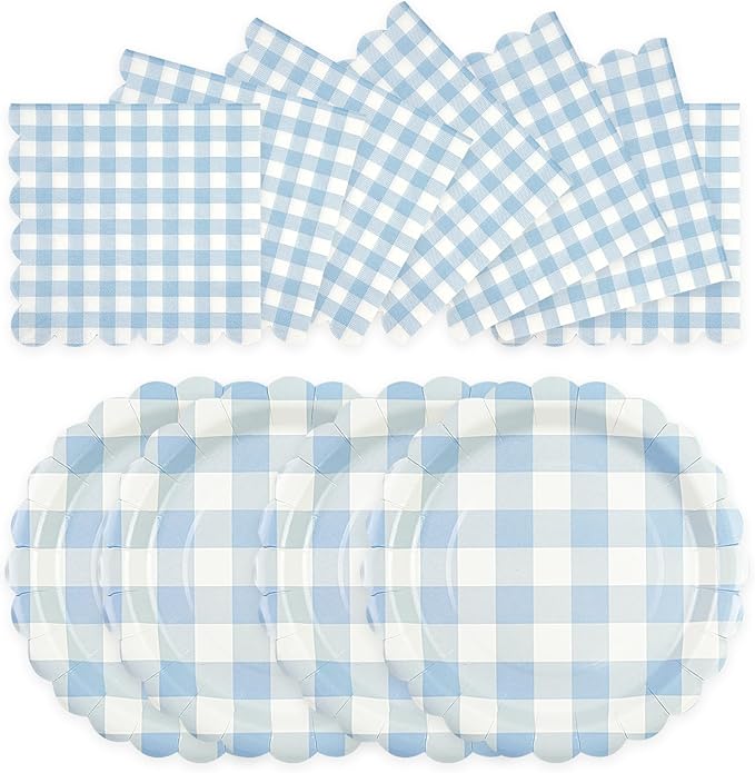 50PCS Light Blue Gingham Party Supplies - 7Inch Blue Scalloped Dessert Paper Plates and Napkins Set Disposable Plaid Dinner Party Set Cutlery for Baby Shower Birthday Wedding, Serve 25