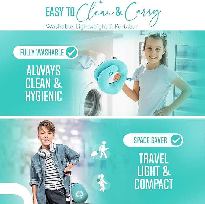 BCOZZY Kids Chin Supporting Travel Pillow for Ages 8–12- Patented Soft Neck Pillow for Head and Chin Support in Car Seat and Airplane. Comfortable Travel Essential. Medium Size, Bag, Light Blue