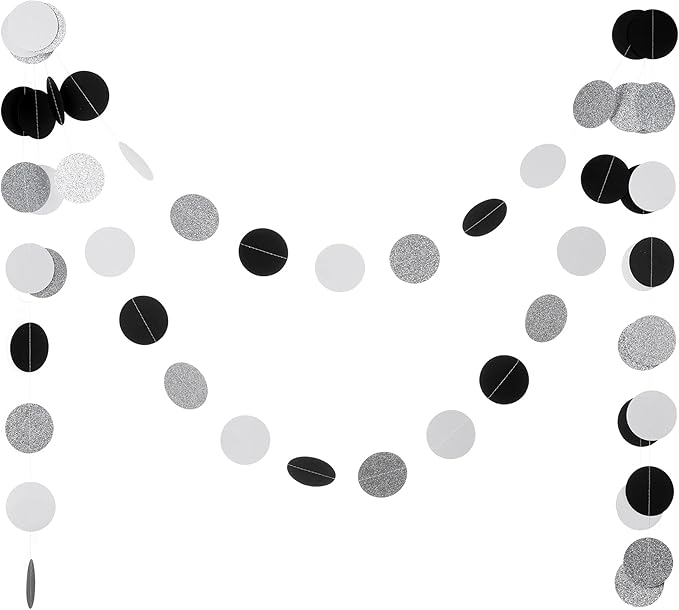 WEVEN Black White Silver Glitter Paper Garland Circle Dot Streamer Banner for Graduation Bridal Shower Wedding Birthday Party Decorations, 2.5" in Diameter, 20 Feet in Total