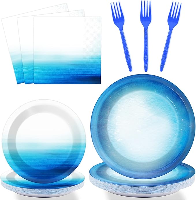 96 Pieces Ocean Sea Party Tableware Set Ocean Waves Party Supplies Sea Theme Table Decorations Under The Sea Tableware for Baby Shower Birthday Paper Plates Napkins Forks for 24 Guests