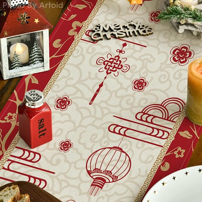 Artoid Mode Paper Cutting Style Chinese Zodiac Horse Happy 2026 Lunar New Year Table Runner, Spring Festival Winter Kitchen Dining Table Decoration for Home Party 13x36 Inch