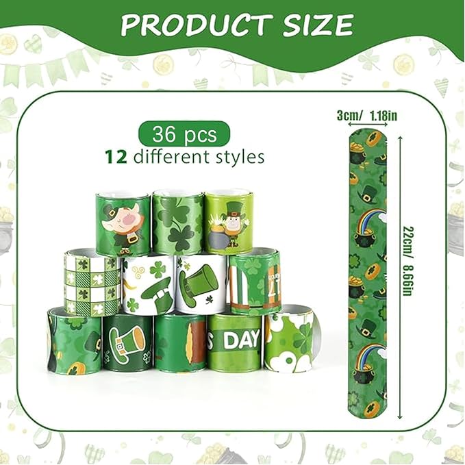 36 PCS St Patrick's Day Slap Bracelets Kids Party Favors, Bulk Snap Bracelet St Patrick's Day Party Favors Supplies for kids&teens Gifts Teacher Classroom School Favors Prizes