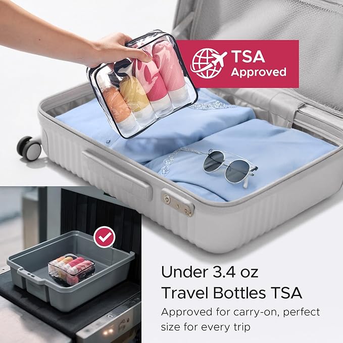 LitBear 23 Pack TSA Approved Travel Bottles for Toiletries, Leak Proof Refillable Travel Size Containers Kit with Silicone Squeezable Bottles Jars for Shampoo Lotion Conditioner, in Clear Bag, Pink