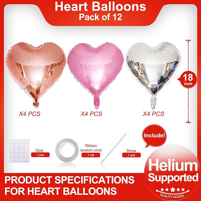Rose Gold Heart Shaped balloons Pack of 12,18 Inch Silver Love Valentine Balloons Pink Heart Romantic Balloons For Valentines Day Propose Marriage Wedding Bridal Shower Engagement Party Decorations