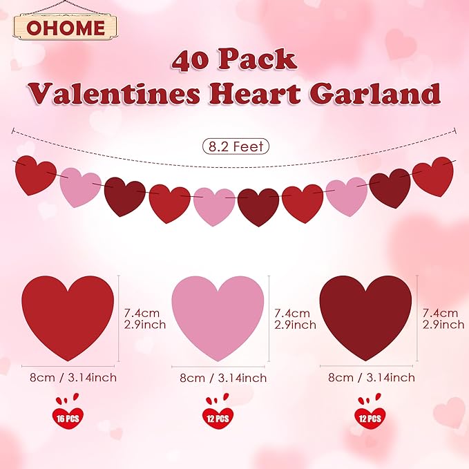 OHOME Valentines Day Decorations - Heart Valentines Garland - 40 Pack Valentine's Day Backdrop Banner Valentine's Day Accessories Party Favors for Door Wall Classroom School Home-Valentines Day Decor