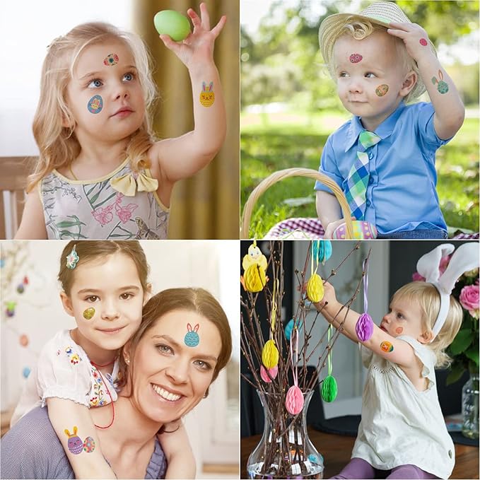 80+ Pieces Easter Egg Tattoos for Kids, 10 Sheets Easter Bunny Egg Tattoo Stickers for Easter Party Decorations Favors Supplies